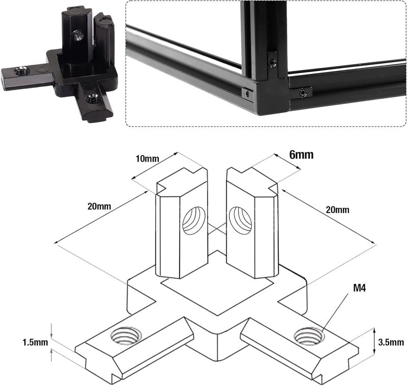 tchrules 20Pcs 2020 Aluminum Extrusion Connectors 3-Way End Corner Bracket Connector Black T Slot L-Shape Interior Corner Joint Bracket for Aluminum Extrusion Profile Slot Connector Set 6mm with Screws&Wrench - Image 5
